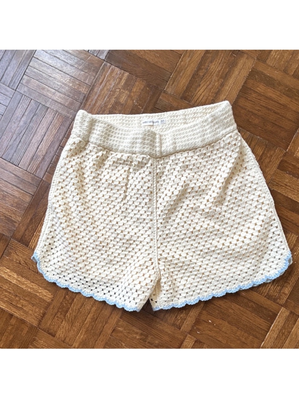 Avec Les Filles Cream Crochet High-Waist Shorts with Light Blue Trim